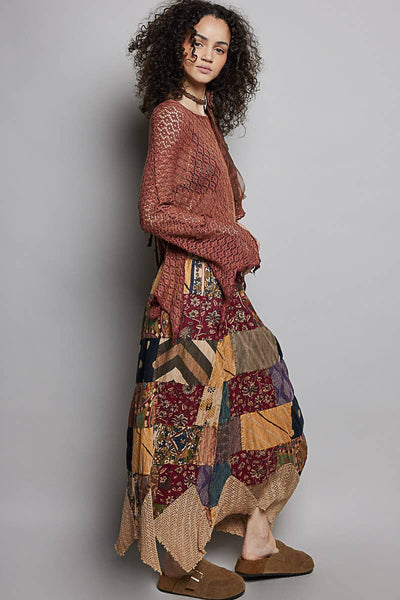 Patchwork Elasticized Waistband Print Panel Woven Skirt
