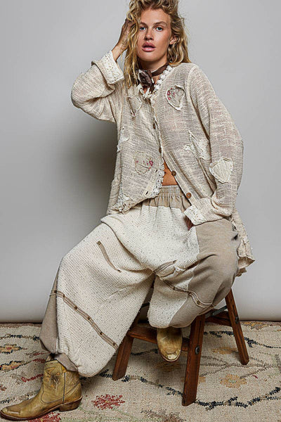 Floral Heart and Star Appliqué Crochet Lace Trim Cardigan