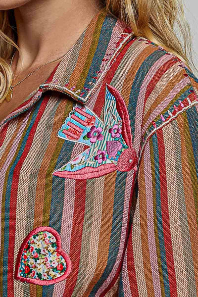Mixed Striped Plaid Pattern Blocking Raw-Edge Trim Jacket