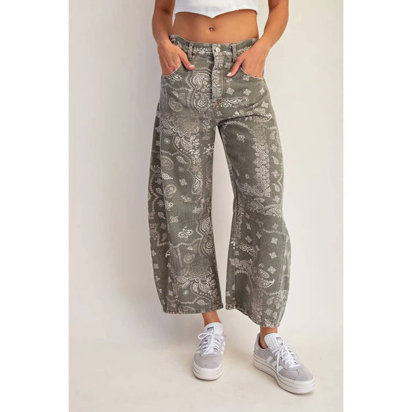 Mineral Washed Paisley Printed Jeans