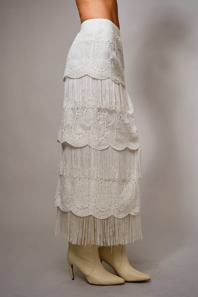 37193S Lace Fringe Tiered Maxi Skirt
