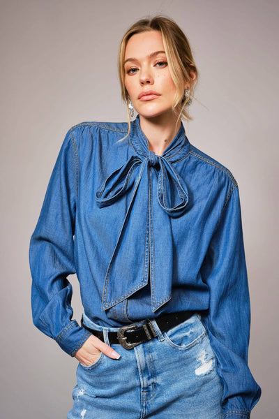 23612T - Tie Neck Hidden Button Chambray Blouse
