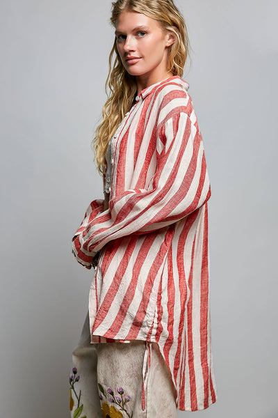 Linen Long Sleeve Side Slit Detail Stripe Shirt Top