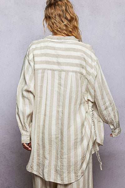 Linen Long Sleeve Side Slit Detail Stripe Shirt Top