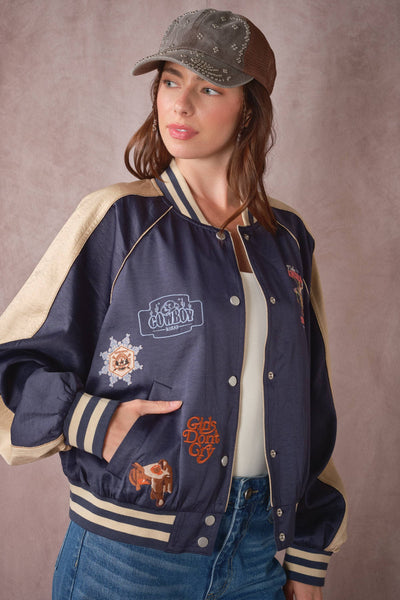 39044J Western Patch Satin Varsity Jacket