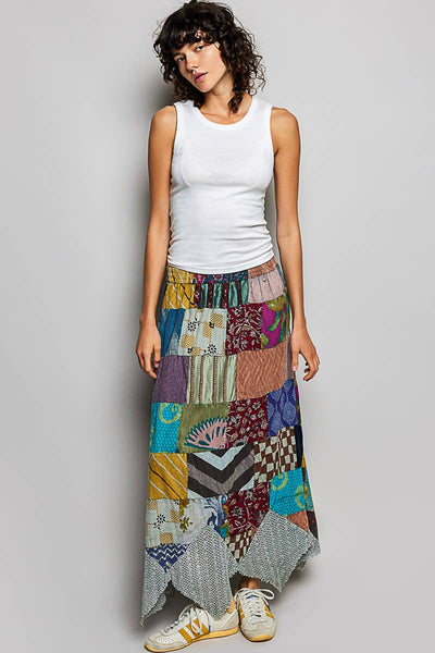 Patchwork Elasticized Waistband Print Panel Woven Skirt