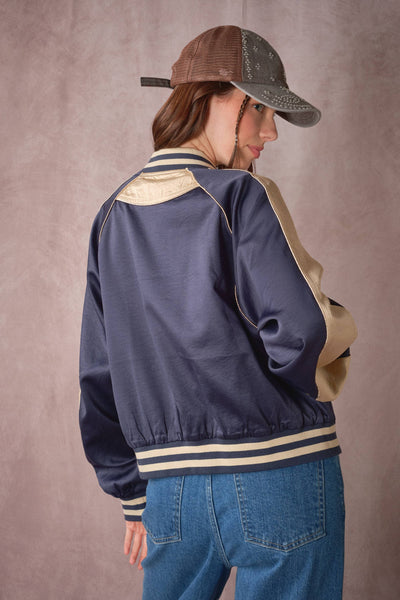 39044J Western Patch Satin Varsity Jacket