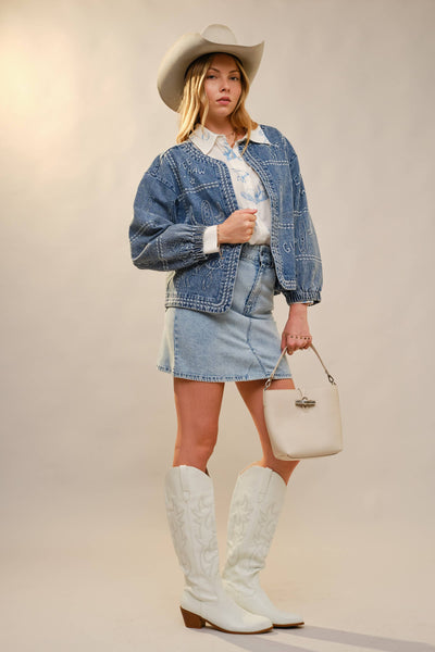 23883J Western Embroidery Puff Sleeve Denim Jacket