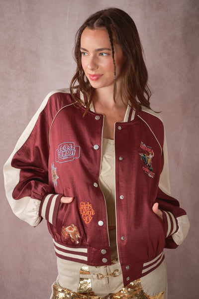 39044J Western Patch Satin Varsity Jacket