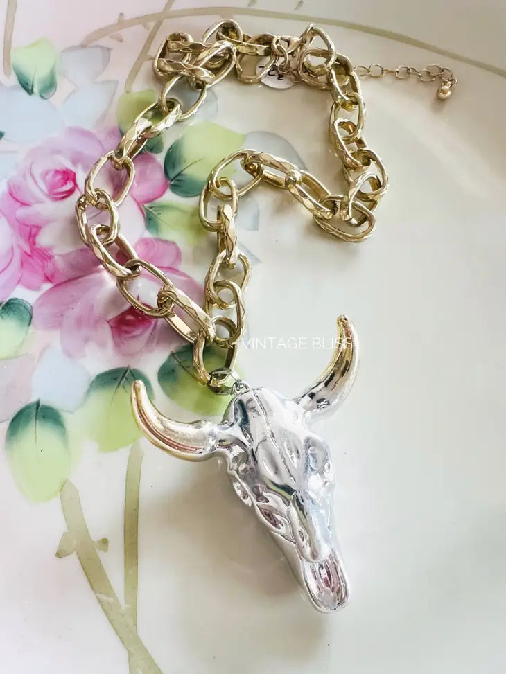 Silver Steer Head Crystal Gold Color Chain Necklace
