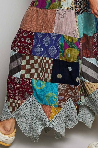 Patchwork Elasticized Waistband Print Panel Woven Skirt