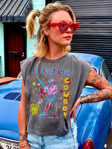 Electric Cowboy Midriff Boxy Muscle Crop Top