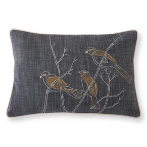 20 Inch Rectangular Gray Pillow w/3 Embroidered Birds