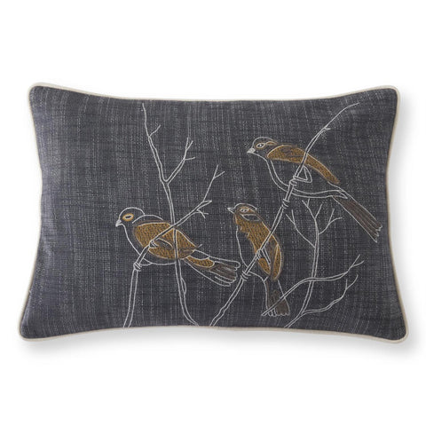 20 Inch Rectangular Gray Pillow w/3 Embroidered Birds