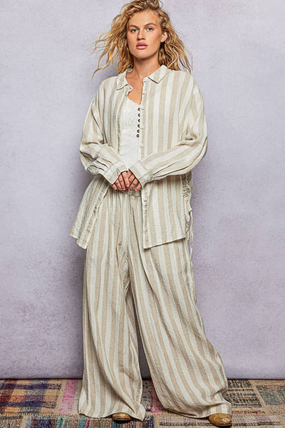 Linen Long Sleeve Side Slit Detail Stripe Shirt Top