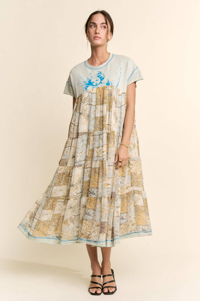 DD60097-ANGEL PRINTED FRENCH TERRY TOP BOTTOM MIDI DRESS