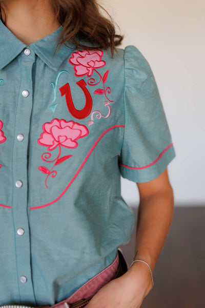 Pearl Snap, Pink Rose Turq SS Chambray HH2737(Pack of 7)
