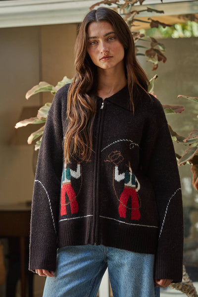 W2710 | Knit Sweater Print Zip-up Collar Neck Long Sleeve