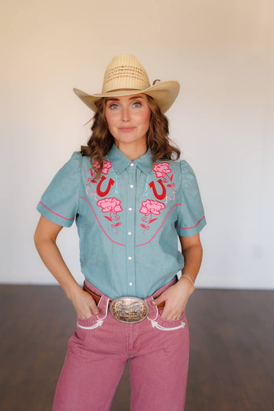 Pearl Snap, Pink Rose Turq SS Chambray HH2737(Pack of 7)