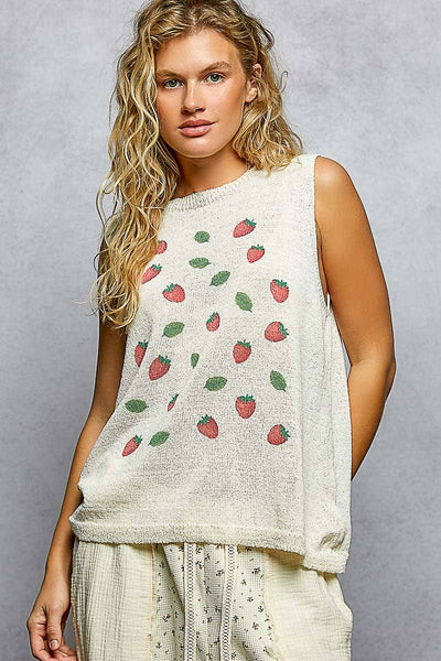 Strawberry Print Thin Sweater Sleeveless Top