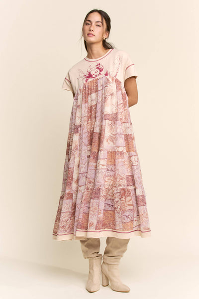 DD60097-ANGEL PRINTED FRENCH TERRY TOP BOTTOM MIDI DRESS