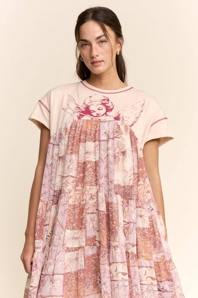 DD60097-ANGEL PRINTED FRENCH TERRY TOP BOTTOM MIDI DRESS