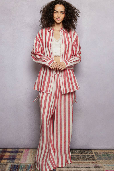 Linen Long Sleeve Side Slit Detail Stripe Shirt Top