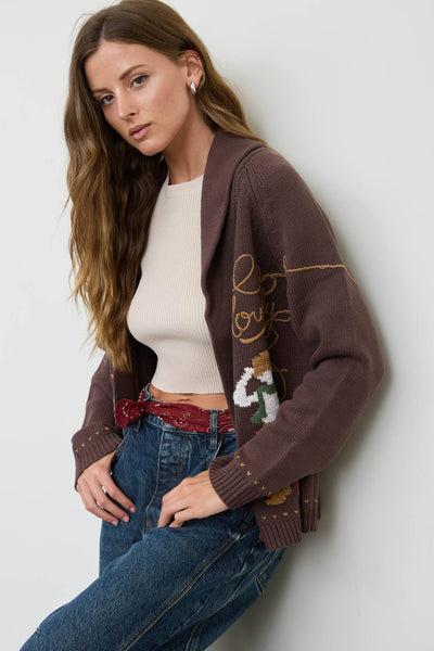 HOWDY COWBOY JACQUARD SHAWL COLLAR KNIT CARDIGAN