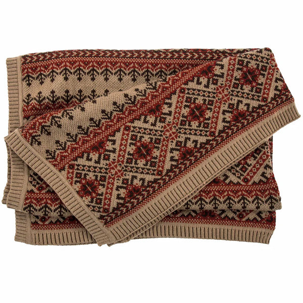 FAIR ISLE RED & BROWN KNIT THROW BLANKET, 50X60