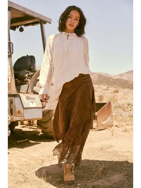 Faux Suede and Lace Buckled-Waist Maxi Skirt