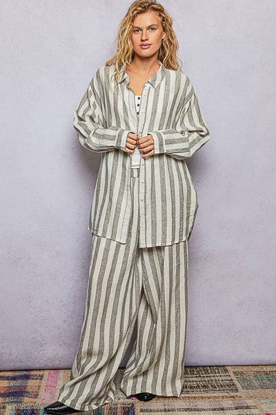 Linen Long Sleeve Side Slit Detail Stripe Shirt Top