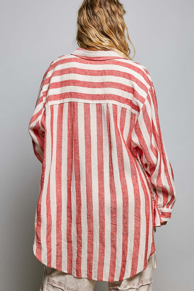 Linen Long Sleeve Side Slit Detail Stripe Shirt Top
