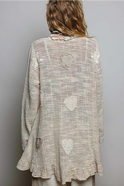 Floral Heart and Star Appliqué Crochet Lace Trim Cardigan