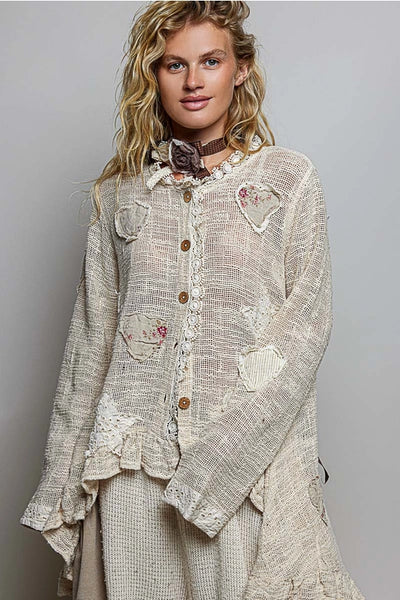 Floral Heart and Star Appliqué Crochet Lace Trim Cardigan