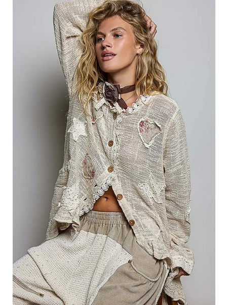 Floral Heart and Star Appliqué Crochet Lace Trim Cardigan
