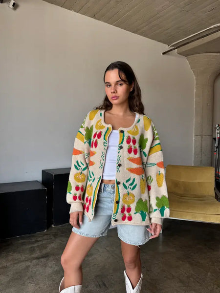 Multi Color Flower Patterned Knit Cardigan