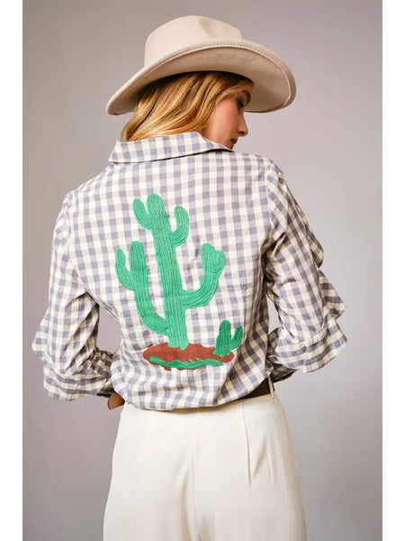 Gingham Embroidered Western Snap Blouse