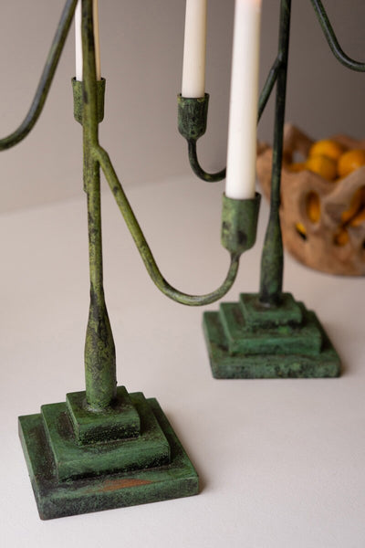 Set of 2 Forged-Iron Green Patina Taper Candelabras