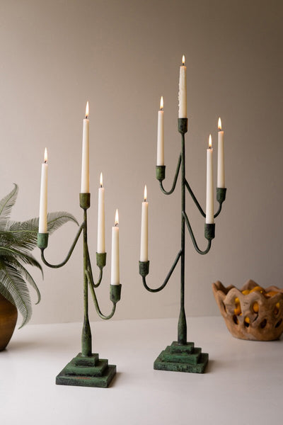 Set of 2 Forged-Iron Green Patina Taper Candelabras