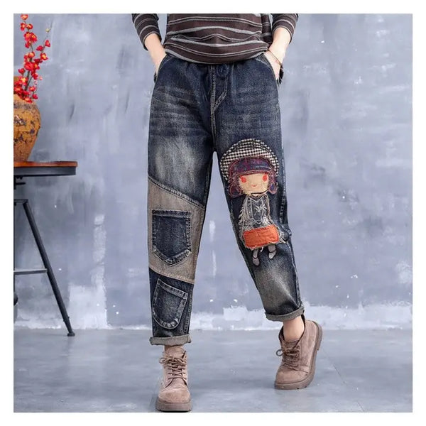 Retro Embroidery Patchwork Casual Loose Harem Jeans