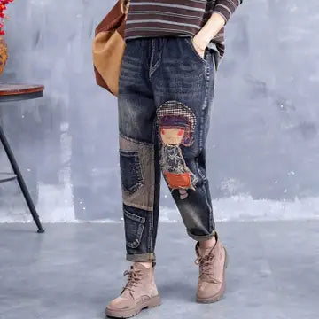 Retro Embroidery Patchwork Casual Loose Harem Jeans