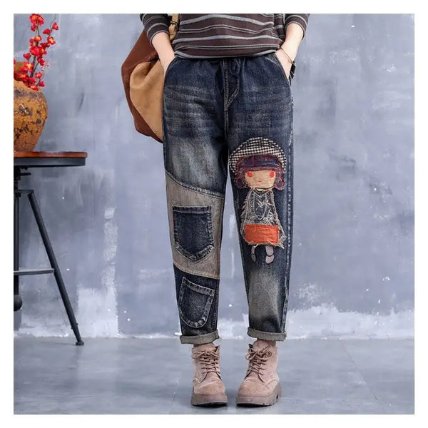 Retro Embroidery Patchwork Casual Loose Harem Jeans