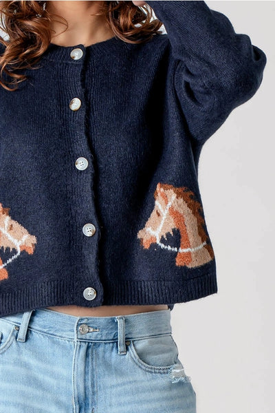 Western Horse Graphic Button Front Cropped Cardigan Sweater