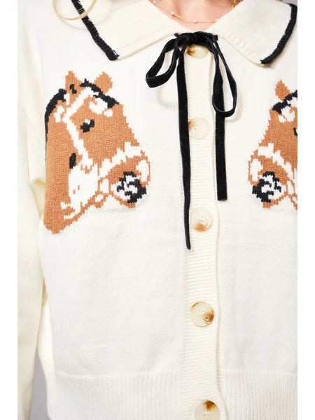 Horse Face Bow Tie Knit Cardigan