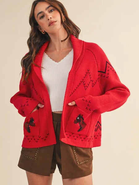 Horse Knit Sweater Cardigan ~Red