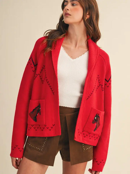 Horse Knit Sweater Cardigan ~Red