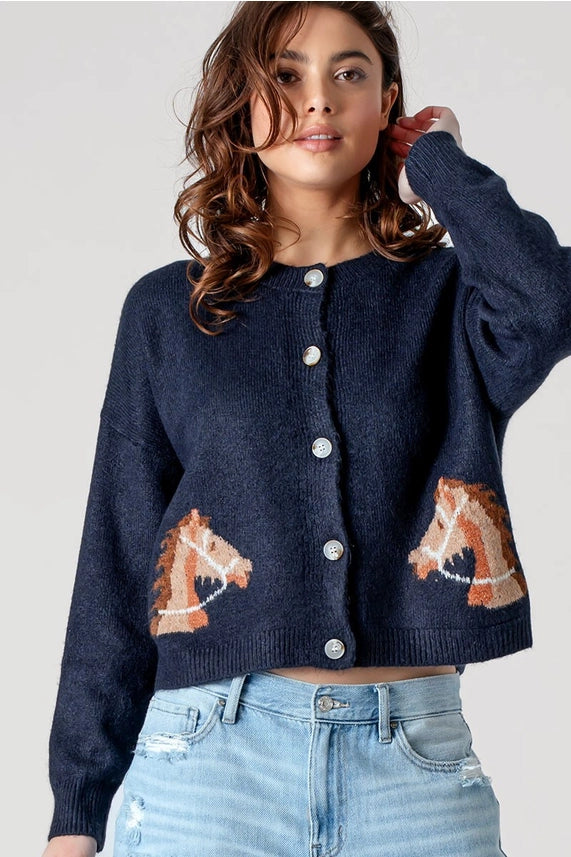 Western Horse Graphic Button Front Cropped Cardigan Sweater