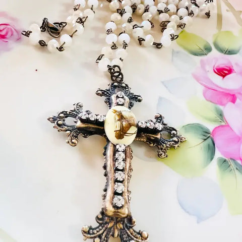 Brass Patina Filigree Horses Cross Necklace Beaded Chain