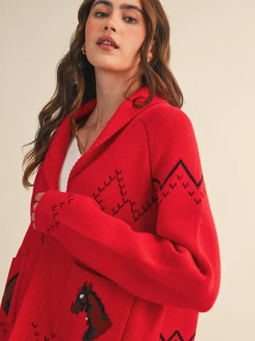 Horse Knit Sweater Cardigan ~Red