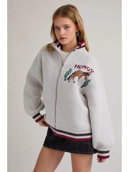 Collared Howdy Cowgirl Graphic Sweater Jacket